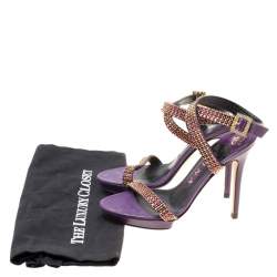 Pre Owned صندل جينا شريط كاحل متعاكس جلد منقوش كريستال أخضر مقاس 39