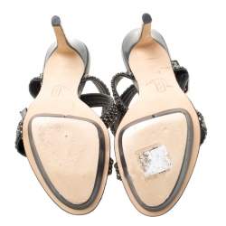 Gina Dark Grey Crystal Embellished Leather Cross Ankle Strap Sandals Size 37