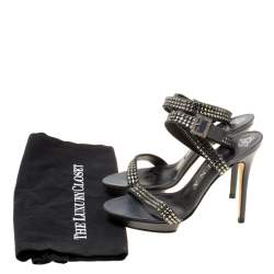 Gina Dark Grey Crystal Embellished Leather Cross Ankle Strap Sandals Size 37