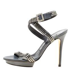 Gina Dark Grey Crystal Embellished Leather Cross Ankle Strap Sandals Size 37