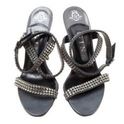 Gina Dark Grey Crystal Embellished Leather Cross Ankle Strap Sandals Size 37