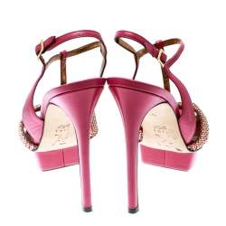 Pre Owned Gina Pink Crystal Embellished Leather T Strap Platform Sandals Size 38