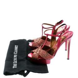 Pre Owned Gina Pink Crystal Embellished Leather T Strap Platform Sandals Size 38