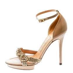 Gina Beige Leather Crystal Embellished Ankle Strap Platform Sandals Size 37