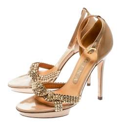 Gina Beige Leather Crystal Embellished Ankle Strap Platform Sandals Size 37