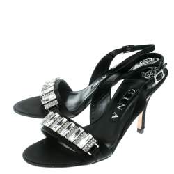 Gina Black Satin Crystal Embellished Slingback Sandals Size 37