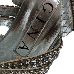 Gina Silver Crystal Embellished Leather and Python Strappy Platform Sandals Size 37