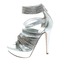 Gina Silver Crystal Embellished Leather and Python Strappy Platform Sandals Size 37
