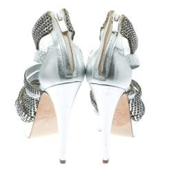 Gina Silver Crystal Embellished Leather and Python Strappy Platform Sandals Size 37