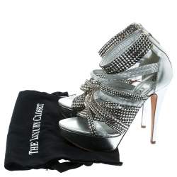 Gina Silver Crystal Embellished Leather and Python Strappy Platform Sandals Size 37