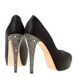 Pre Owned Gina Black Satin Crystal Embellished Peep Toe Platform Pumps Size 37 