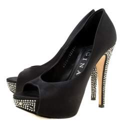 Pre Owned Gina Black Satin Crystal Embellished Peep Toe Platform Pumps Size 37 