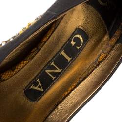 Pre Owned حذاء كعب عالي جينا نعل سميك مقدمة مفتوحة ساتان مزخرف كريستال أسود مقاس 36