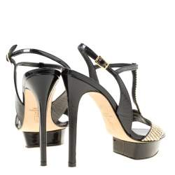 مملوكة مسبقًا Gina Black Patent Leather Crystal Embellished Platform Sandals Size 37