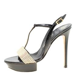 مملوكة مسبقًا Gina Black Patent Leather Crystal Embellished Platform Sandals Size 37
