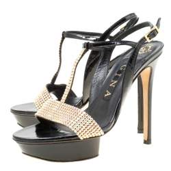 مملوكة مسبقًا Gina Black Patent Leather Crystal Embellished Platform Sandals Size 37