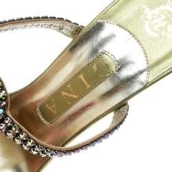 Pre Owned Gina Two Tone Crystal Embellished Leather Sandals Size 39