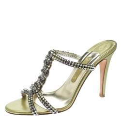 Pre Owned Gina Two Tone Crystal Embellished Leather Sandals Size 39
