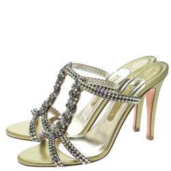 Pre Owned Gina Two Tone Crystal Embellished Leather Sandals Size 39