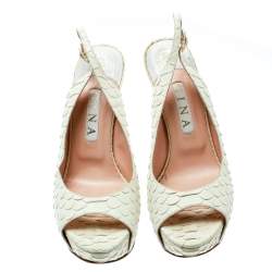 Pre Owned Gina White Python Embossed Leather Peep Toe Platform Slingback Sandals Size 40
