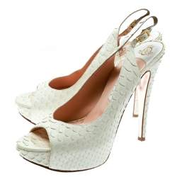 Pre Owned Gina White Python Embossed Leather Peep Toe Platform Slingback Sandals Size 40