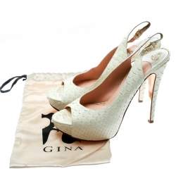 Pre Owned Gina White Python Embossed Leather Peep Toe Platform Slingback Sandals Size 40