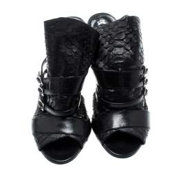 Pre Owned حذاء مولز جينا تفاصيل إبزيم مقدمة مفتوحة جلد وجلد ثعبان أسود مقاس 37.5