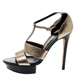 Gina Metallic Gold Leather T Strap Platform Sandals Size 39