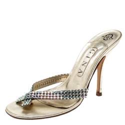مملوكة مسبقًا Gina Metallic Gold Leather Crystal Embellished Sandals Size 38