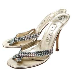 مملوكة مسبقًا Gina Metallic Gold Leather Crystal Embellished Sandals Size 38
