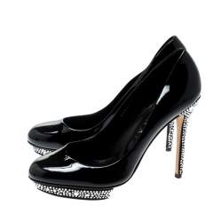 Pre Owned Gina Black Patent Leather Crystal Embellished Heel Platform Pumps Size 41