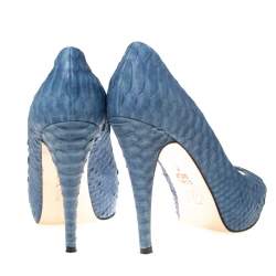 Pre Owned حذاء كعب عالي جينا نعل سميك مقدمة مفتوحة جلد ثعبان أزرق مقاس 37