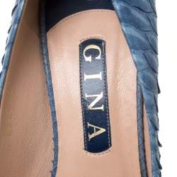 Pre Owned حذاء كعب عالي جينا نعل سميك مقدمة مفتوحة جلد ثعبان أزرق مقاس 37