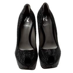 Pre Owned Gina Black Crystal Embellished Peep Toe Platform Pumps Size 39