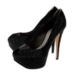 Pre Owned Gina Black Crystal Embellished Peep Toe Platform Pumps Size 39