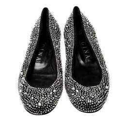 Pre Owned Gina Black Crystal Embellished Satin Ballet Flats Size 38.5