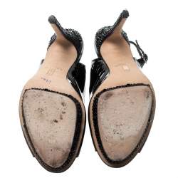 Pre Owned Gina Black Patent Leather Crystal Embellished Platform Peep Toe Slingback Sandals Size 40