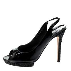 Pre Owned Gina Black Patent Leather Crystal Embellished Platform Peep Toe Slingback Sandals Size 40