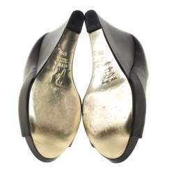 Pre Owned Gina Black Leather Peep Toe Wedge Platform Pumps Size 38.5