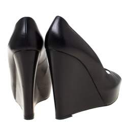 Pre Owned Gina Black Leather Peep Toe Wedge Platform Pumps Size 38.5