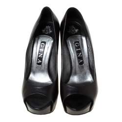 Pre Owned Gina Black Leather Peep Toe Wedge Platform Pumps Size 38.5