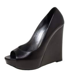 Pre Owned Gina Black Leather Peep Toe Wedge Platform Pumps Size 38.5