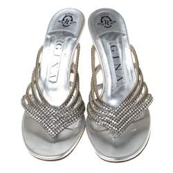 Pre Owned Gina Silver Crystal Embellished Leather Sandals Size 36.5