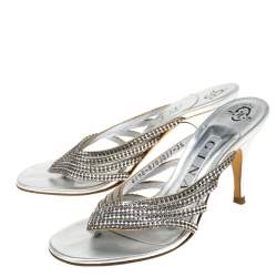 Pre Owned Gina Silver Crystal Embellished Leather Sandals Size 36.5