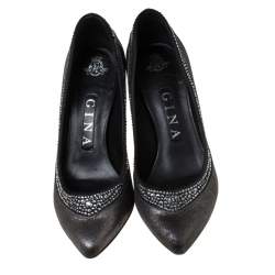 Gina Crystal Embellished Textured Fabric Pointed Toe Pumps Size 37
