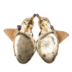 Pre Owned Gina Brown Python and Leather Buckle Detail Peep Toe Mules Size 38