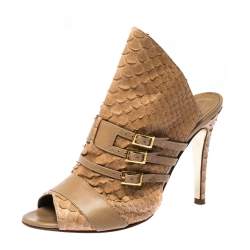 Pre Owned Gina Brown Python and Leather Buckle Detail Peep Toe Mules Size 38