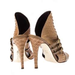 Pre Owned Gina Brown Python and Leather Buckle Detail Peep Toe Mules Size 38