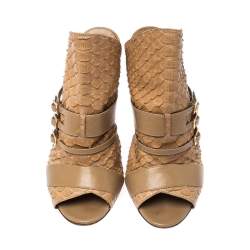 Pre Owned Gina Brown Python and Leather Buckle Detail Peep Toe Mules Size 38