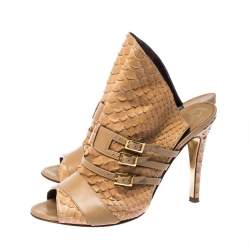 Pre Owned Gina Brown Python and Leather Buckle Detail Peep Toe Mules Size 38